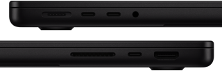 Showing the ports on MacBook Pro — left side: MagSafe, two Thunderbolt ports, and headphone jack — right side: SDXC, one Thunderbolt port, and HDMI