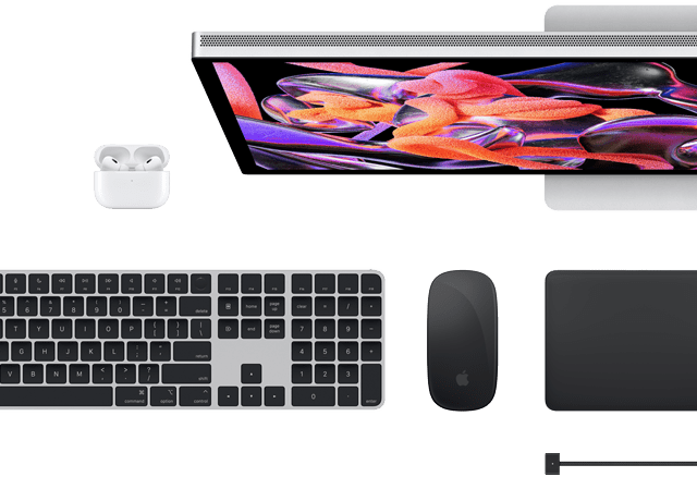 Mac accessories: Airpods, Studio Display, Magic Keyboard, Magic Mouse, Magic Trackpad, MagSafe charge cable in Space Black