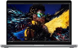 A colorful image showcases the Liquid Retina XDR display's high resolution, brightness, and contrast