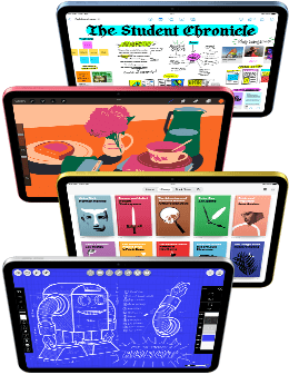 Front facing iPad screens show a variety of Apple apps and App Store apps