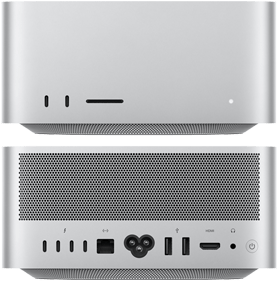 Mac Studio front 2 USB-C ports and SDXC card reader, and back view of 4 USB-C and 2 USB-A ports, Ethernet port, HDMI connection, and headphone jack