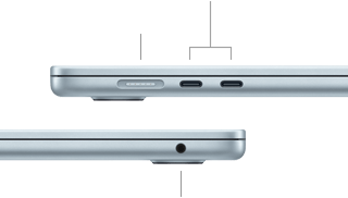 Side views of MacBook Air showing ports: MagSafe and two Thunderbolt 4 ports on left side, headphone jack on right side