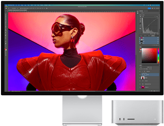 A vibrant photo being edited using a Mac Studio and Studio Display