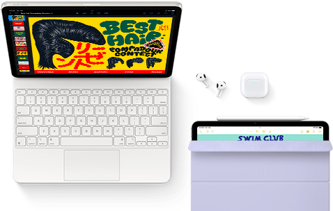 iPad Air attached to Magic Keyboard, with AirPods Pro, Apple Pencil Pro, and Smart Folio accessories