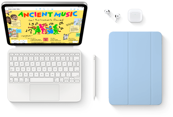 iPad attached to Magic Keyboard Folio, Apple Pencil, AirPods, and Smart Folio