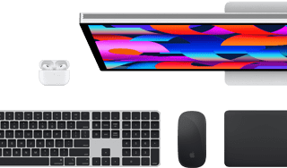 Mac accessories: AirPods, Studio Display, Black Magic Keyboard with Touch ID, Black Magic Mouse, and Black Magic Trackpad