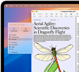 Revising a scientific document about dragonfly flight to be more concise using Apple Intelligence Writing Tools