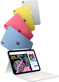 iPad in blue, pink, yellow, and silver colors and iPad attached to the Magic Keyboard Folio with Apple Pencil