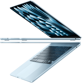 Two open MacBook Air laptops in Sky Blue color forming arrow shape, emphasizing narrow profile