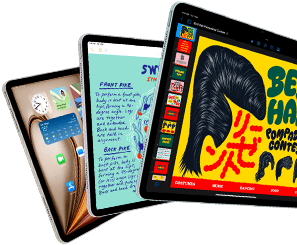 Three iPad Air displays showing iPadOS and apps features